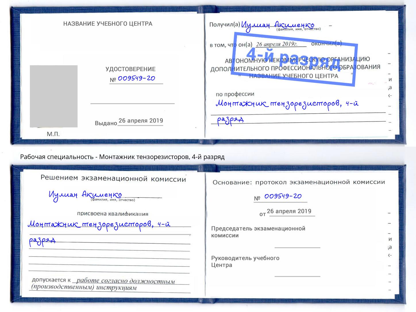 корочка 4-й разряд Монтажник тензорезисторов Свободный