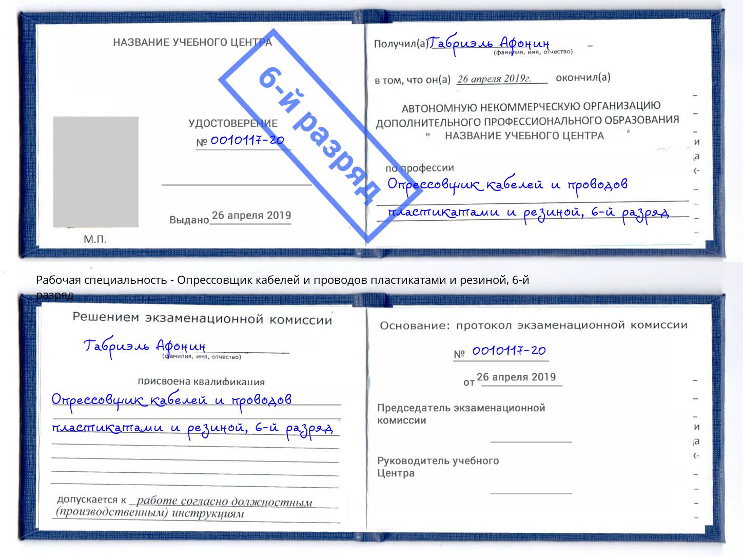 корочка 6-й разряд Опрессовщик кабелей и проводов пластикатами и резиной Свободный