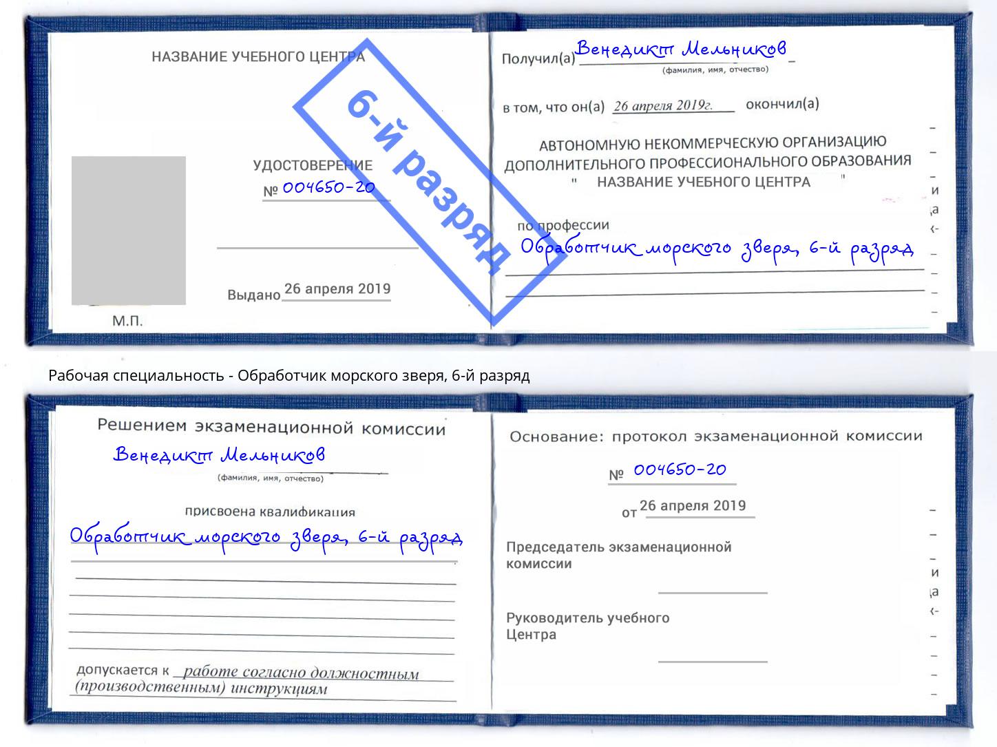 корочка 6-й разряд Обработчик морского зверя Свободный