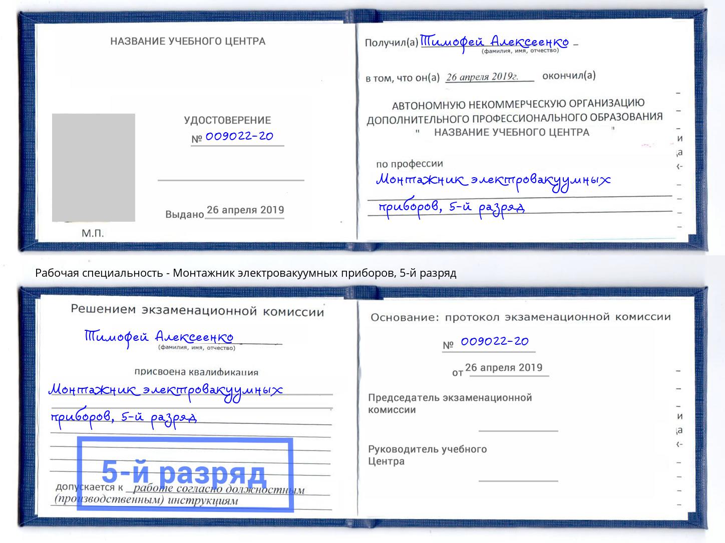 корочка 5-й разряд Монтажник электровакуумных приборов Свободный