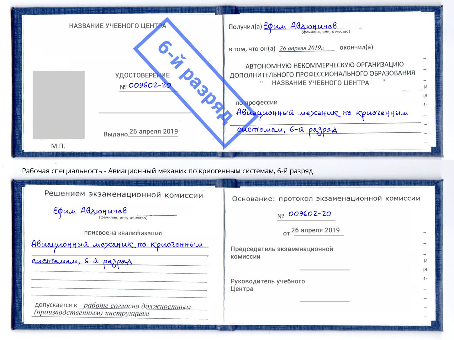 корочка 6-й разряд Авиационный механик по криогенным системам Свободный