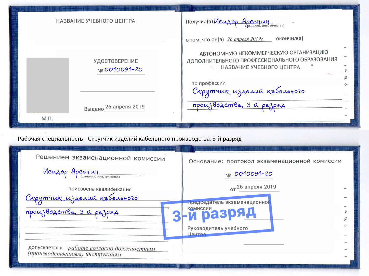 корочка 3-й разряд Скрутчик изделий кабельного производства Свободный