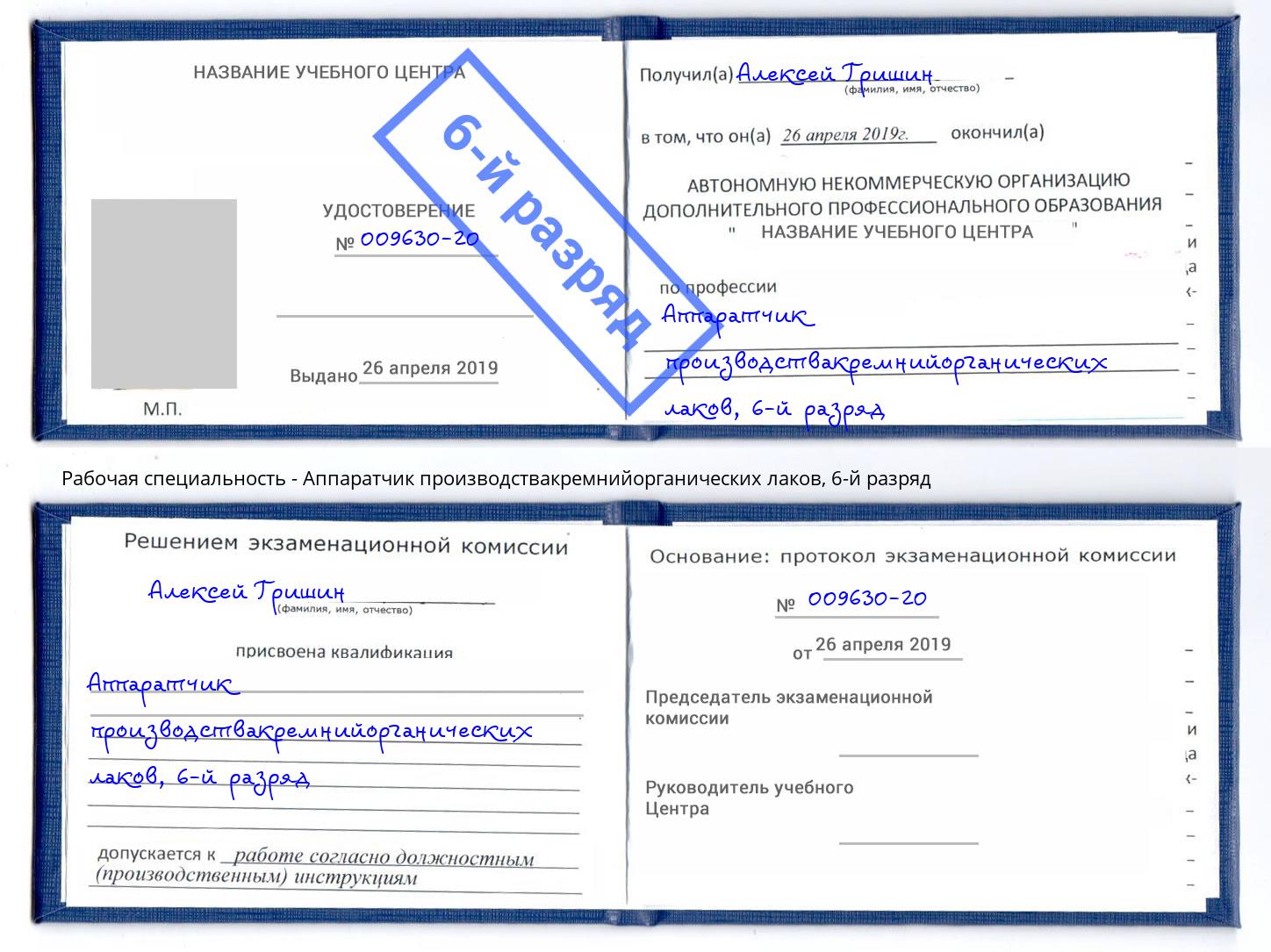 корочка 6-й разряд Аппаратчик производствакремнийорганических лаков Свободный