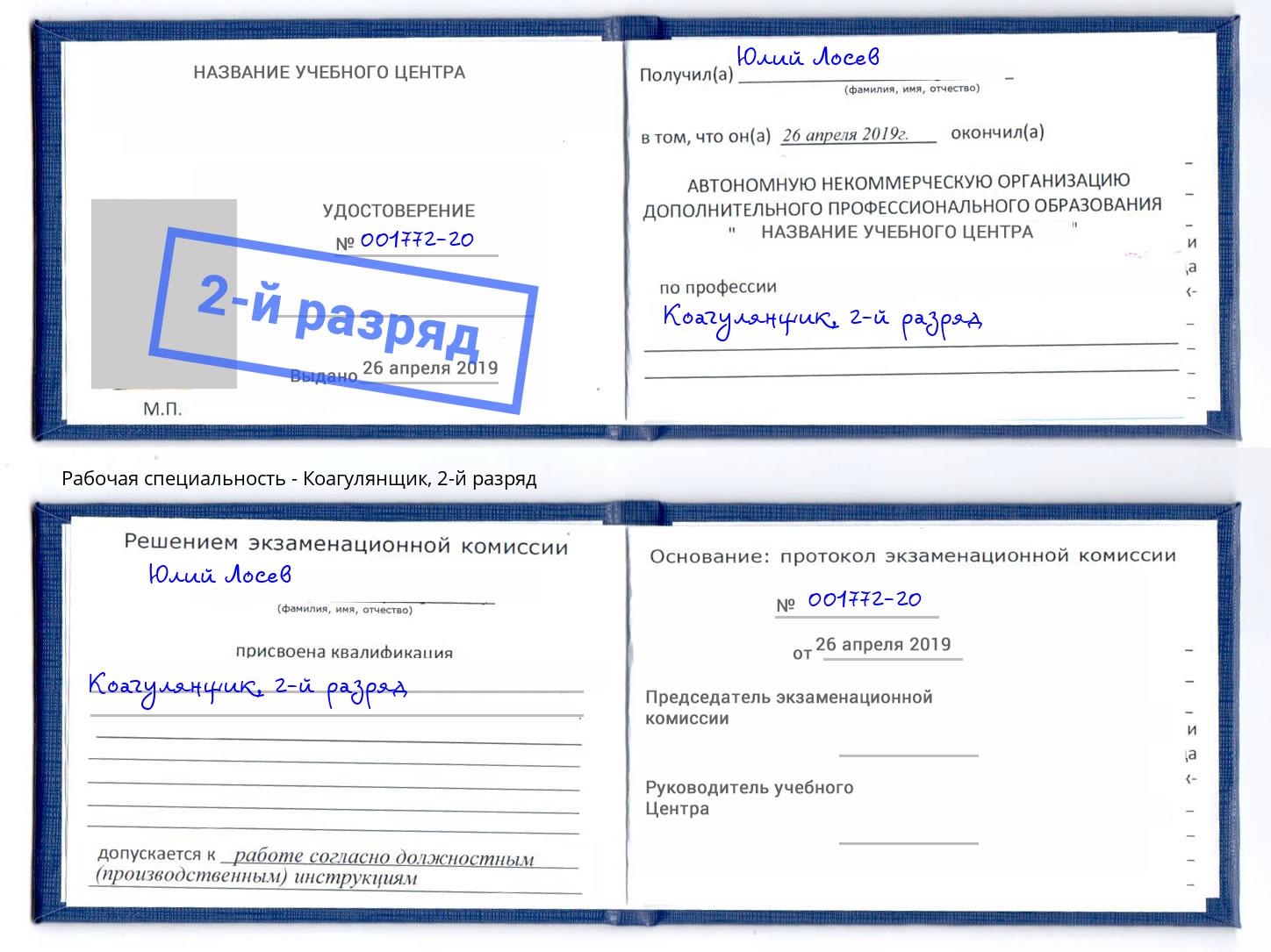 корочка 2-й разряд Коагулянщик Свободный