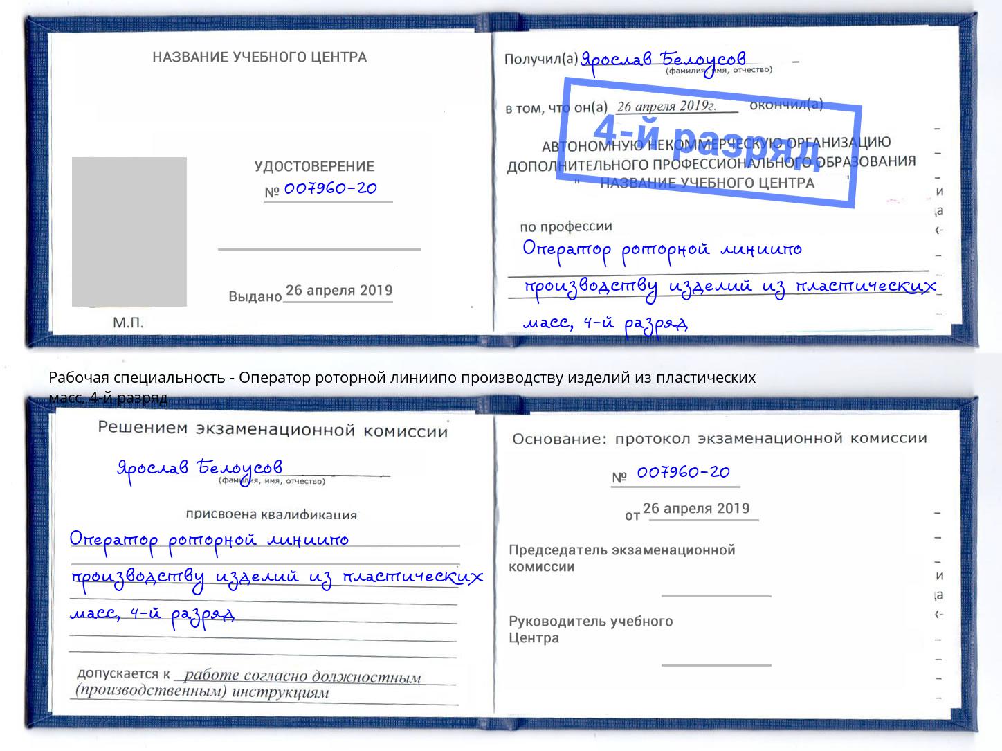 корочка 4-й разряд Оператор роторной линиипо производству изделий из пластических масс Свободный