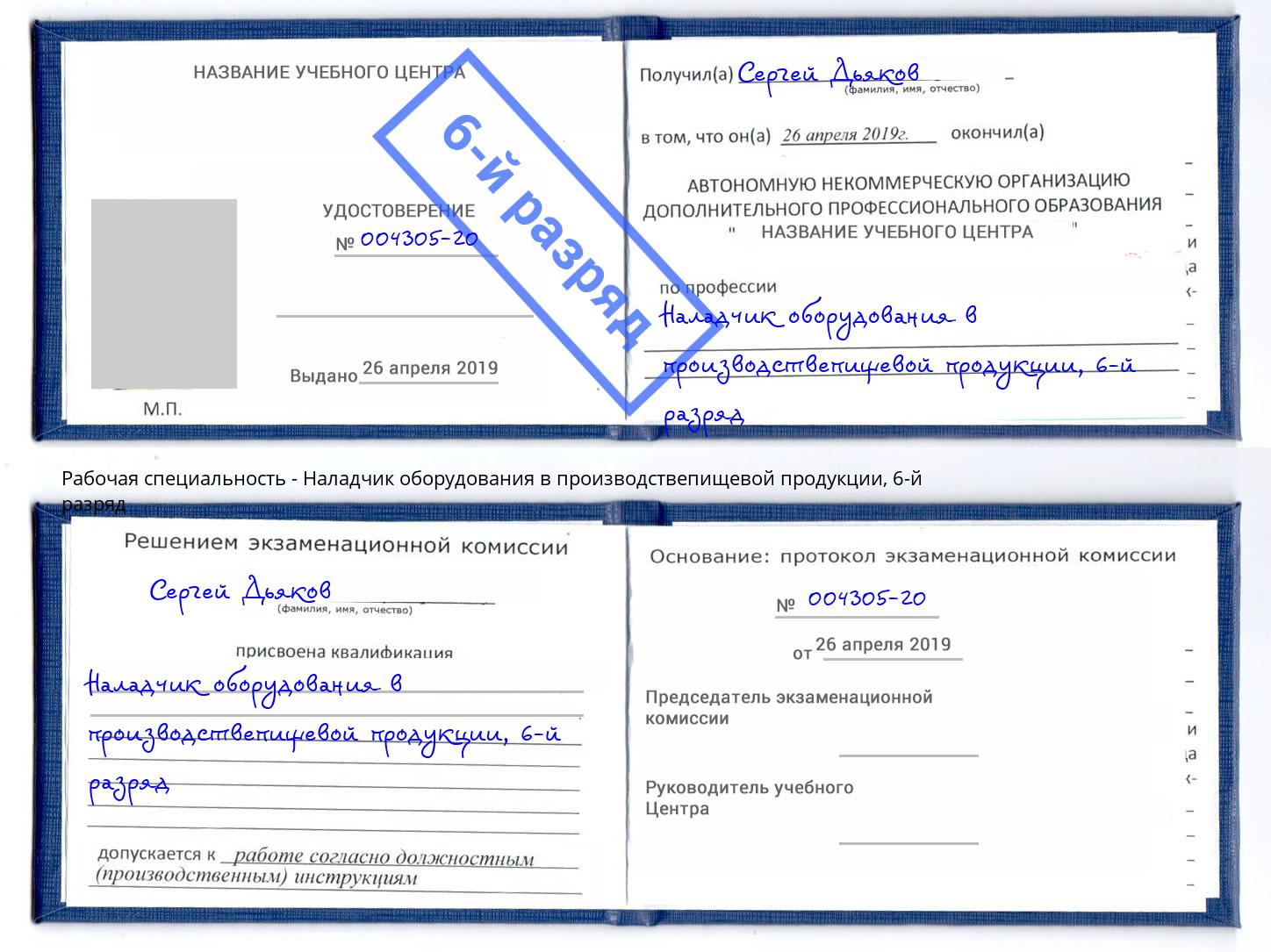 корочка 6-й разряд Наладчик оборудования в производствепищевой продукции Свободный