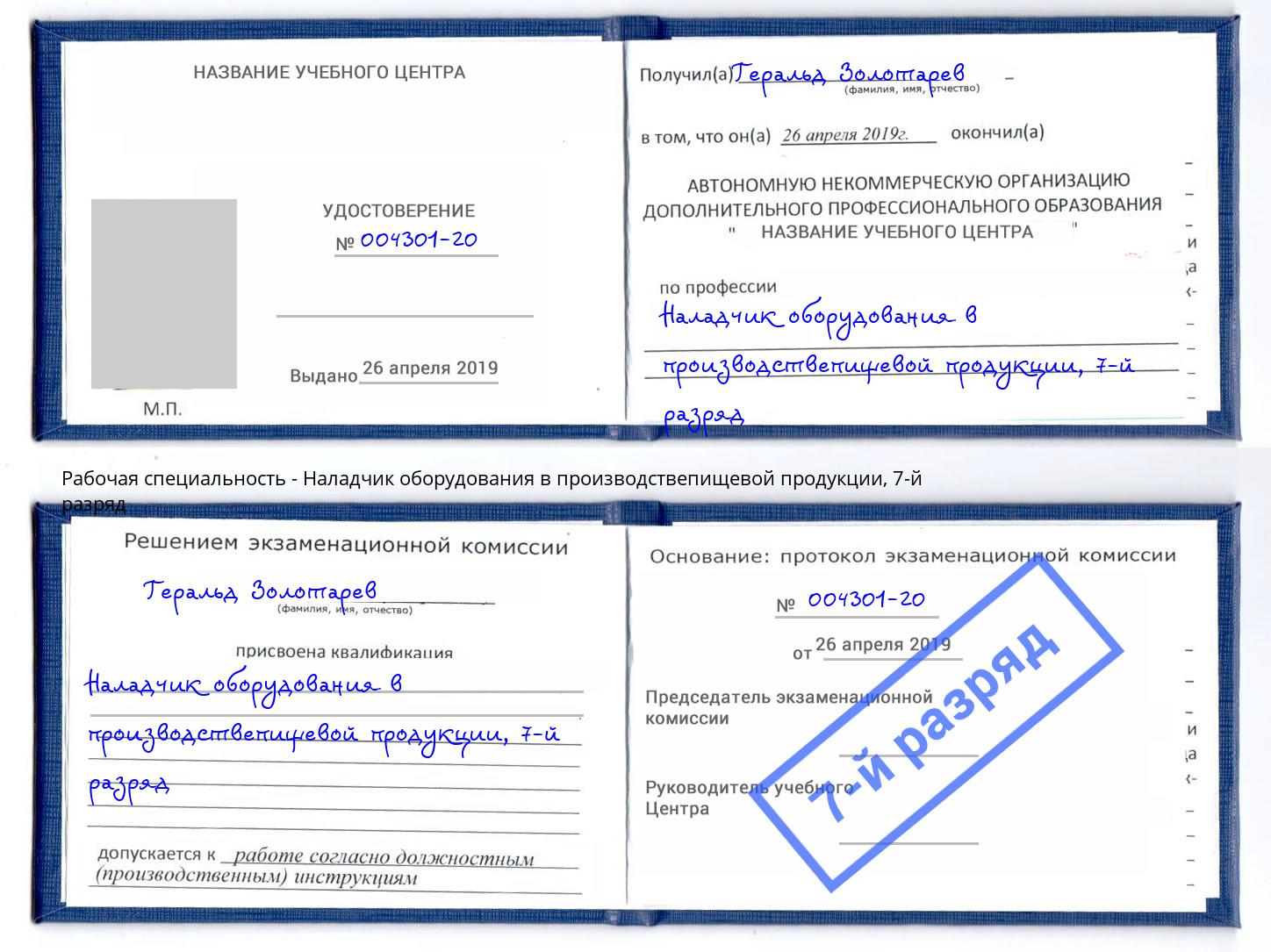 корочка 7-й разряд Наладчик оборудования в производствепищевой продукции Свободный