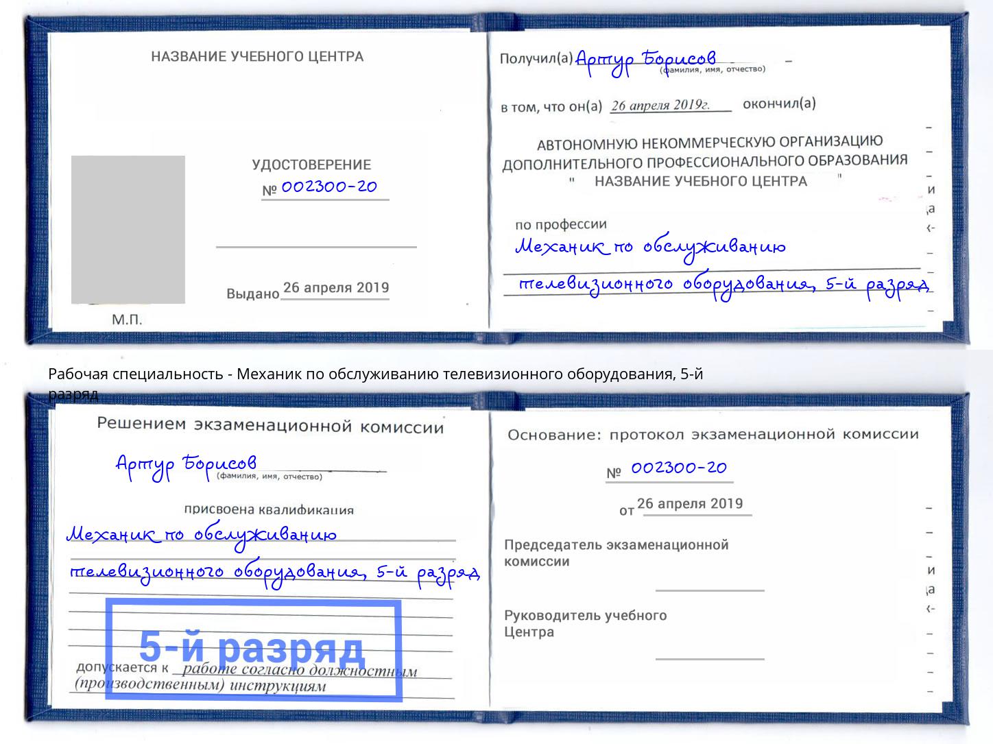 корочка 5-й разряд Механик по обслуживанию телевизионного оборудования Свободный