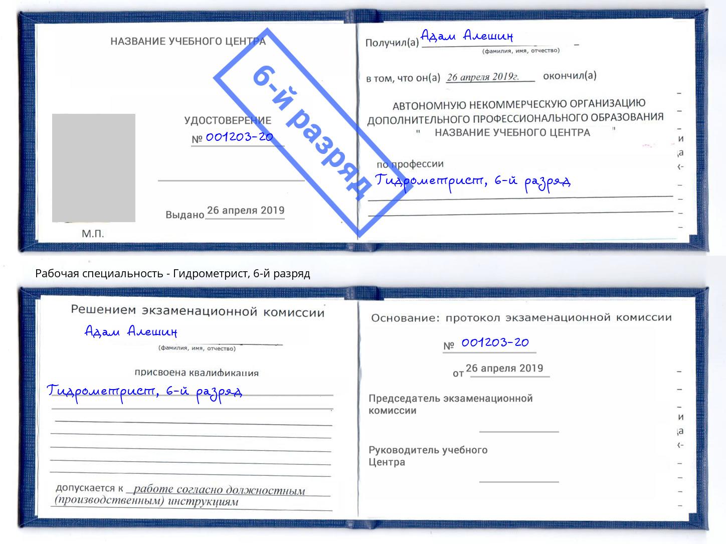 корочка 6-й разряд Гидрометрист Свободный